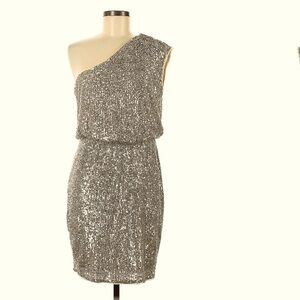 NWOT Adrianna Papell One Shoulder, Blouson Dress. Champagne, Sz 8
